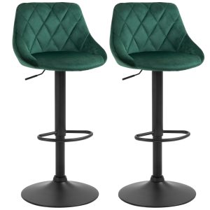 Homcom Set 2 Scaune Bar – Catifea Verde, Pivotante & Reglabile