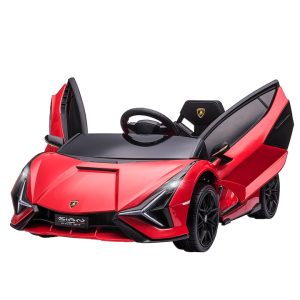 HOMCOM Masina electrica pentru copii 12V Lamborghini cu faruri si muzica, telecomanda si viteza 3-8 km/h, 108x62x40cm, Rosie