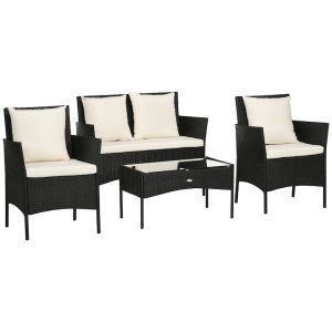 Outsunny Set de Gradina 4 Piese din Ratan cu 2 Scaune, Fotoliu de Gradina cu 2 Locuri si Masuta Joasa de Cafea, Negru si Crem