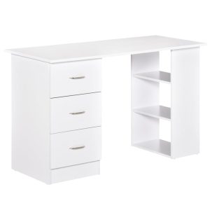 HOMCOM Birou modern cu 3 Sertare si Rafturi in Lemn Alb 120x49x72cm