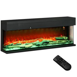 HOMCOM Semineu Electric incorporat si de Perete 1800W cu Flacari LED Colorate Reglabile, Temperatura de pana la 40°C, Negru