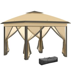 Outsunny Foisor Pliabil cu Plasa de Tantari, Baldachin Dublu, Inaltime Reglabila si Geanta de Transport, 330x330x288 cm, Bej